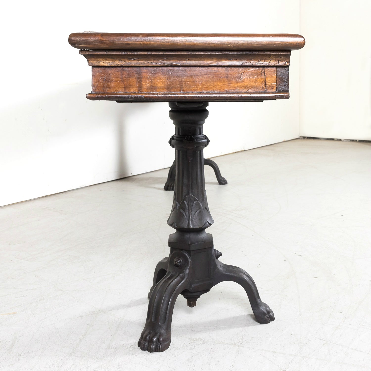 Large 19th Century French Louis Philippe Style Walnut Console or Sofa Table with Drawers on Iron Tripod Bases