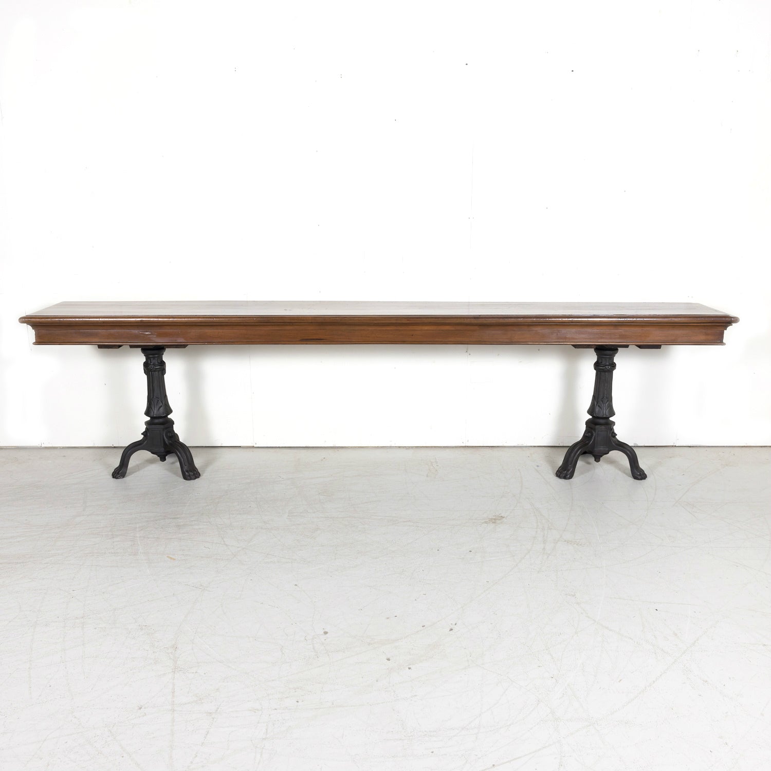 Large 19th Century French Louis Philippe Style Walnut Console or Sofa Table with Drawers on Iron Tripod Bases