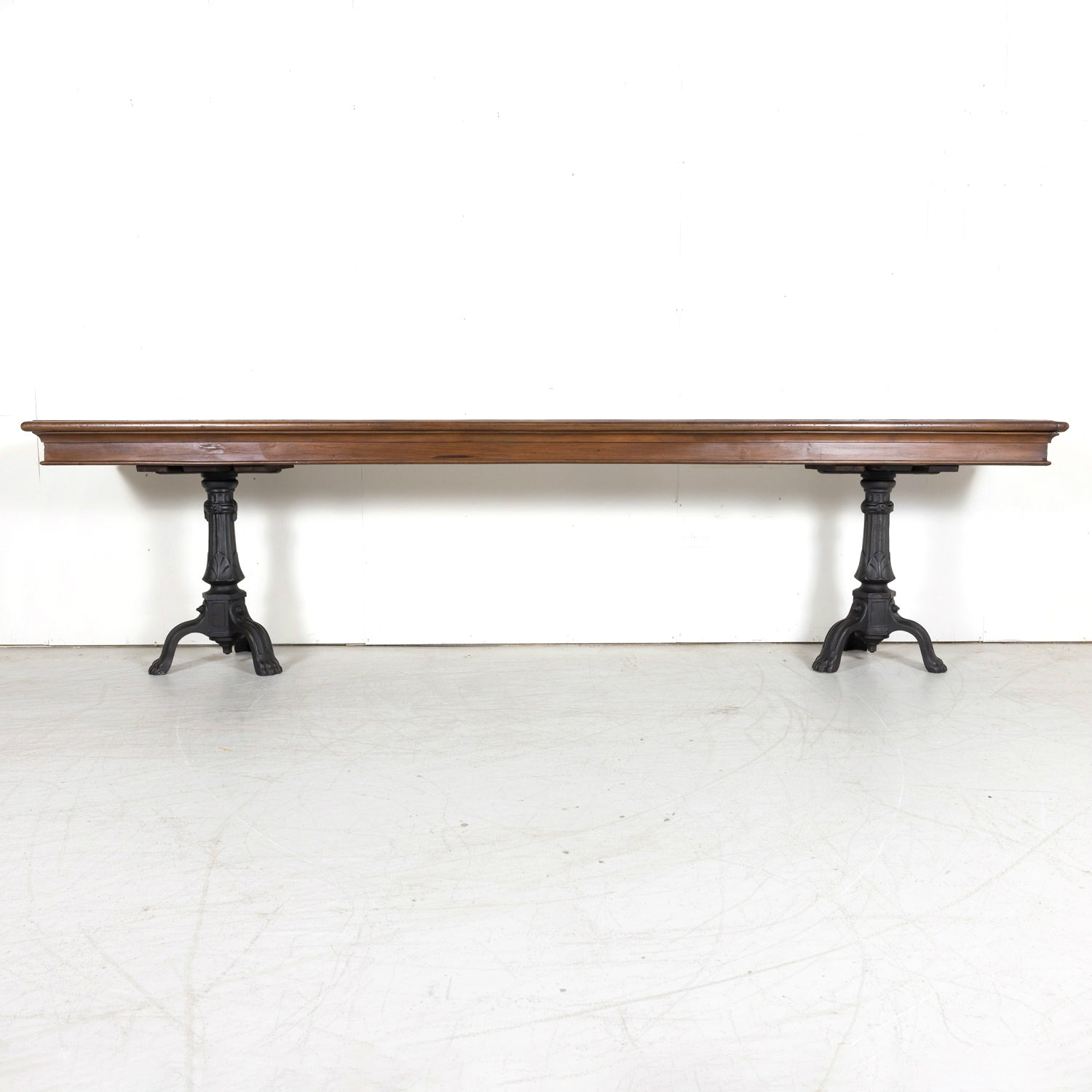 Large 19th Century French Louis Philippe Style Walnut Console or Sofa Table with Drawers on Iron Tripod Bases