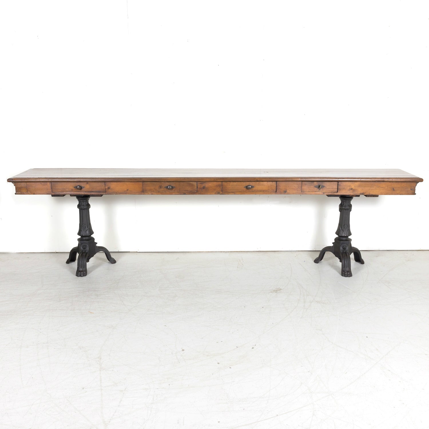 Large 19th Century French Louis Philippe Style Walnut Console or Sofa Table with Drawers on Iron Tripod Bases