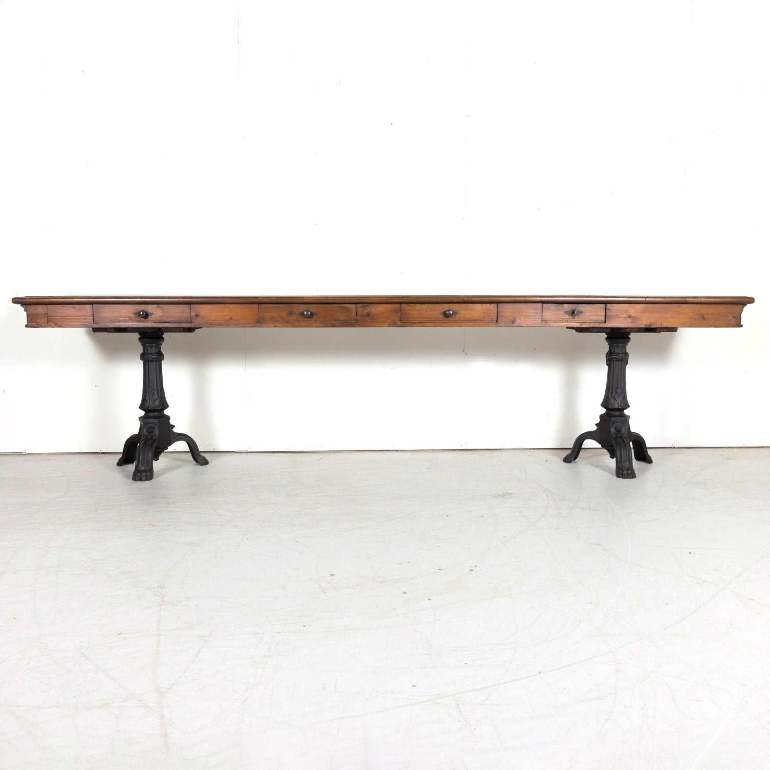 Large 19th Century French Louis Philippe Style Walnut Console or Sofa Table with Drawers on Iron Tripod Bases