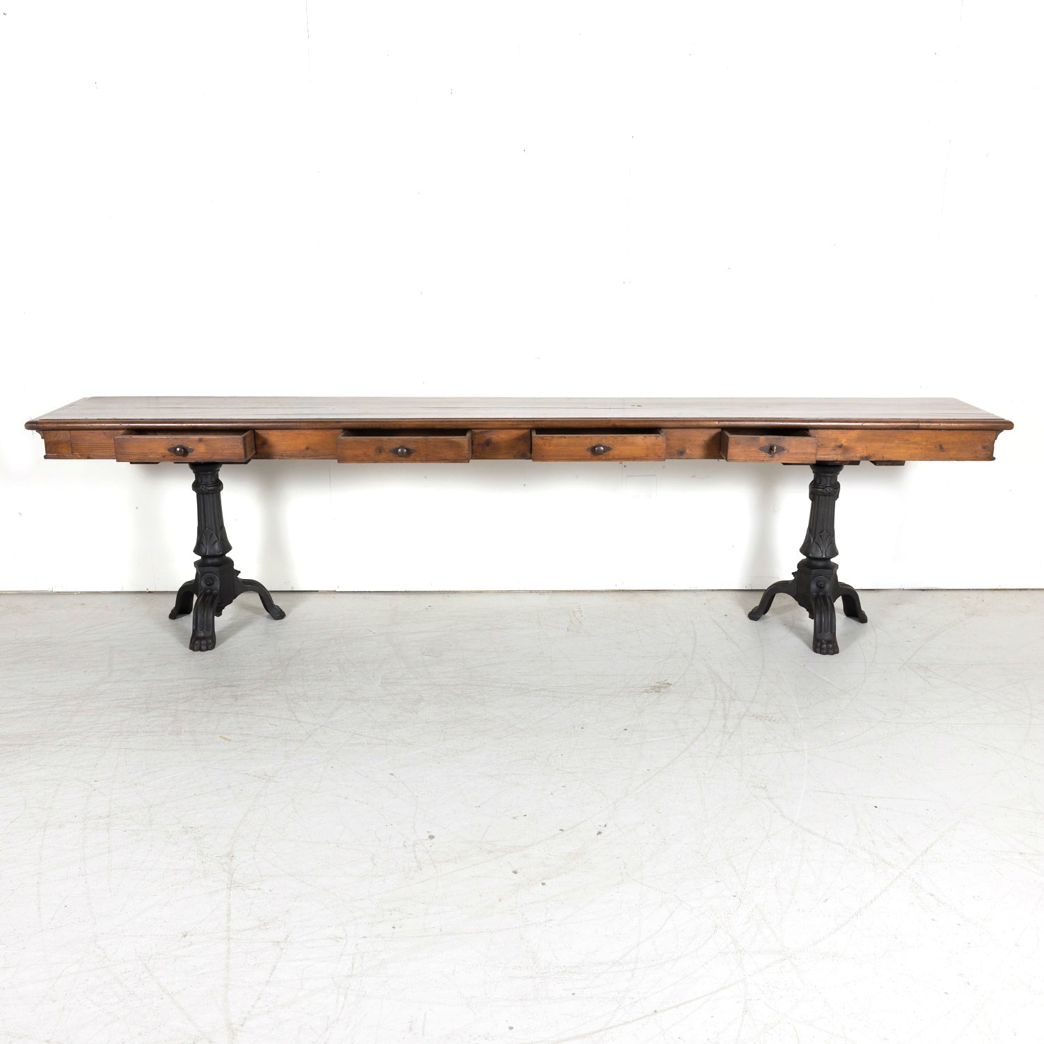 Large 19th Century French Louis Philippe Style Walnut Console or Sofa Table with Drawers on Iron Tripod Bases