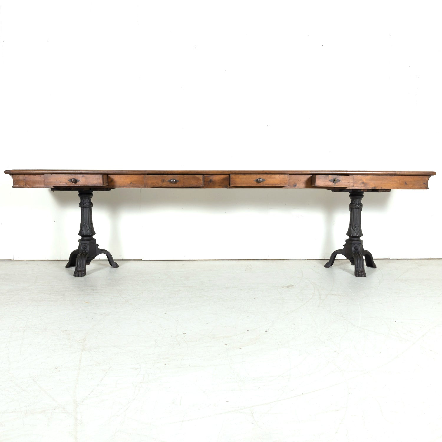 Large 19th Century French Louis Philippe Style Walnut Console or Sofa Table with Drawers on Iron Tripod Bases