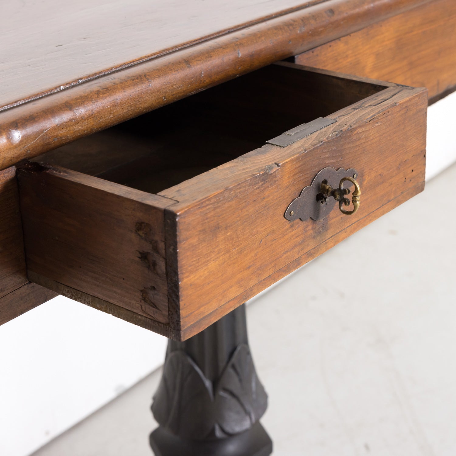 Large 19th Century French Louis Philippe Style Walnut Console or Sofa Table with Drawers on Iron Tripod Bases