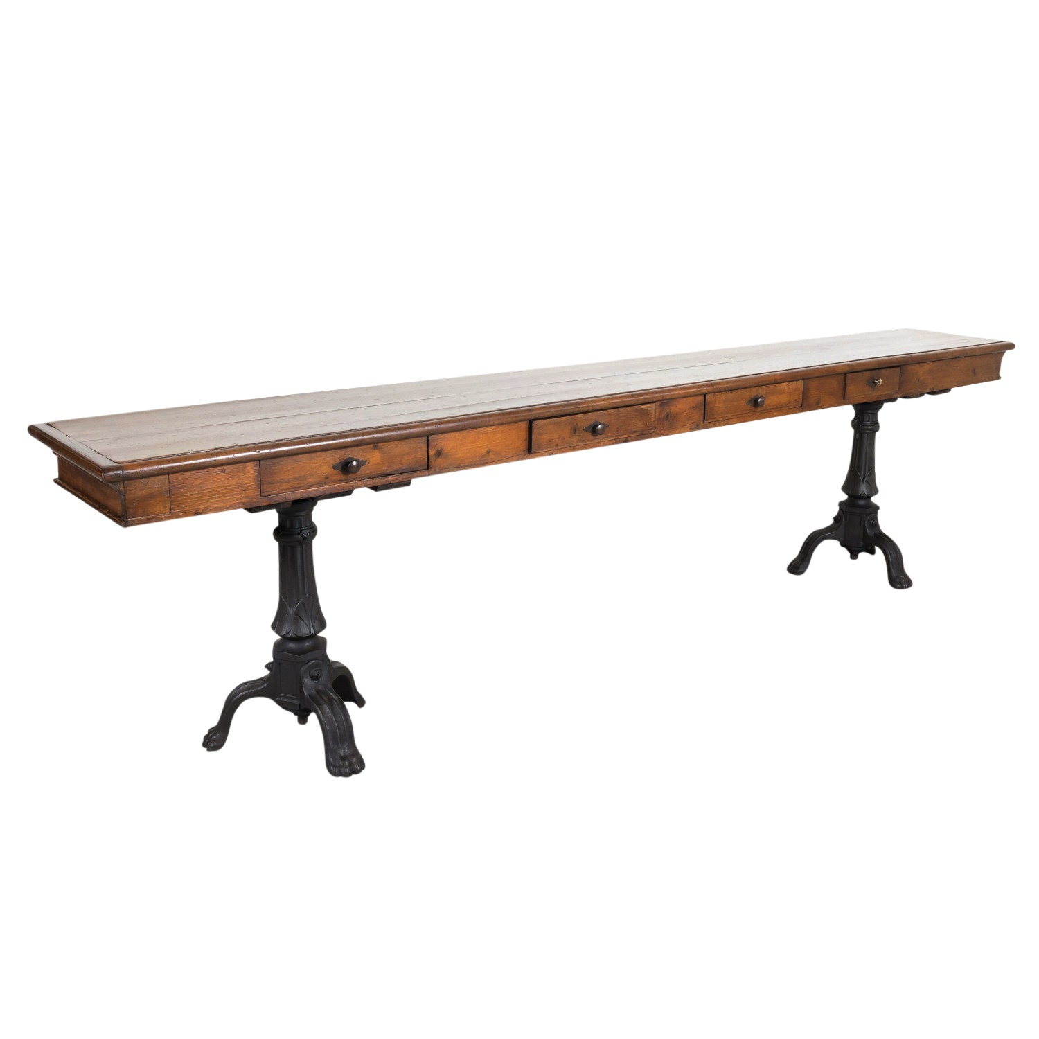 Large 19th Century French Louis Philippe Style Walnut Console or Sofa Table with Drawers on Iron Tripod Bases