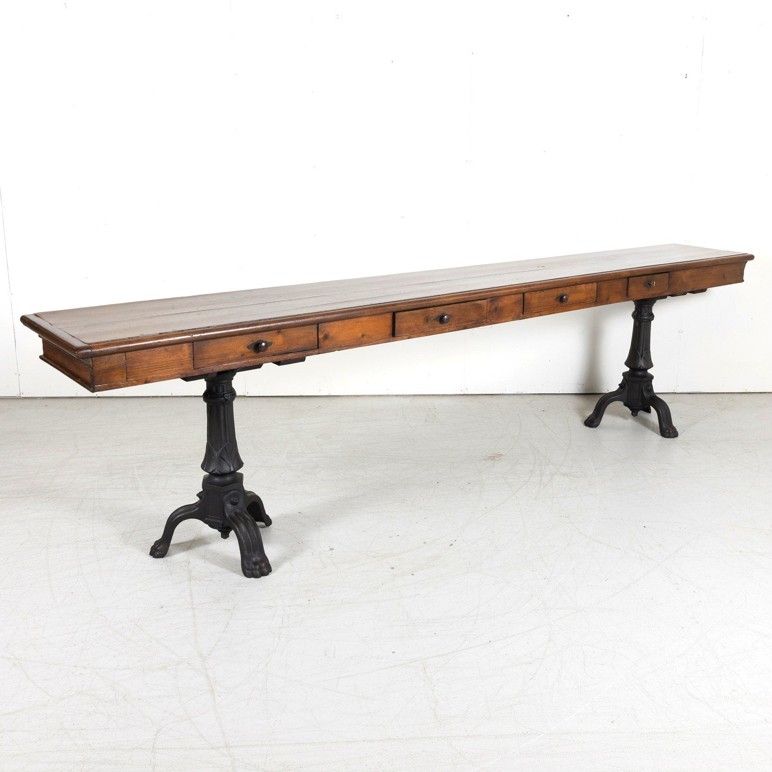 Large 19th Century French Louis Philippe Style Walnut Console or Sofa Table with Drawers on Iron Tripod Bases