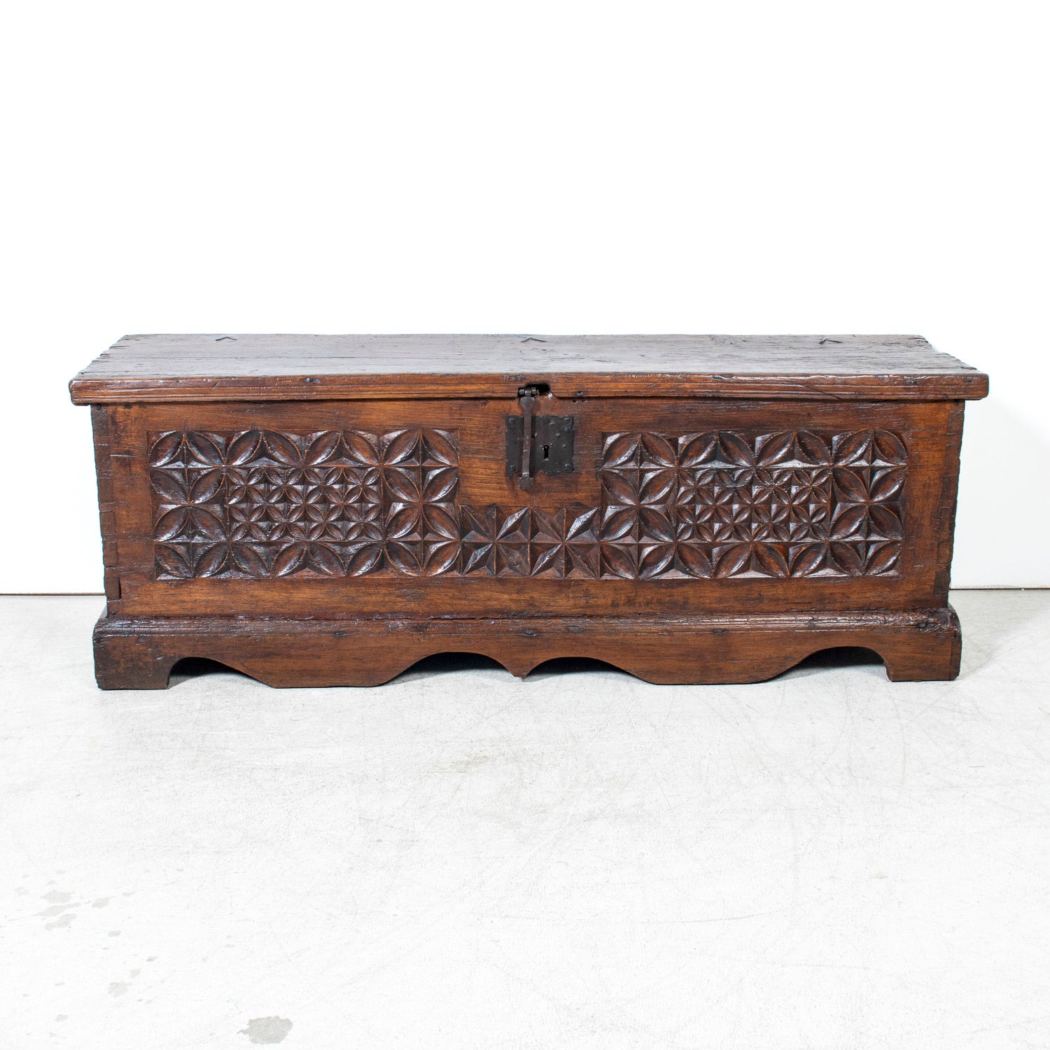 17th Century French Norman Renaissance Carved Walnut Coffer/Trunk with Original Ironwork