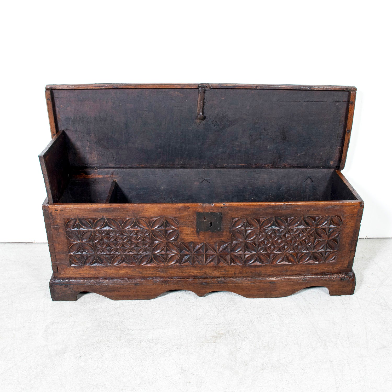 17th Century French Norman Renaissance Carved Walnut Coffer/Trunk with Original Ironwork