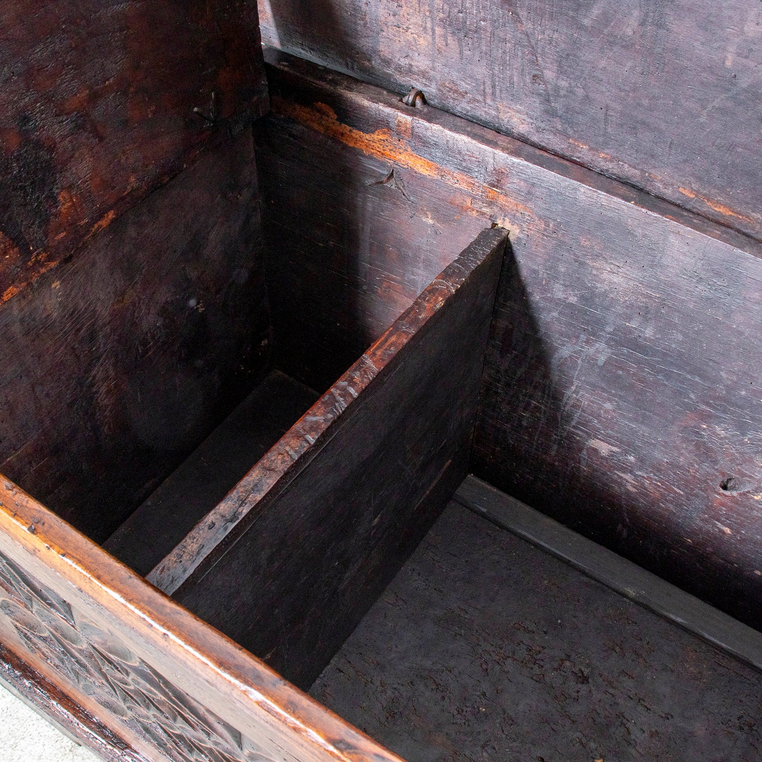 17th Century French Norman Renaissance Carved Walnut Coffer/Trunk with Original Ironwork