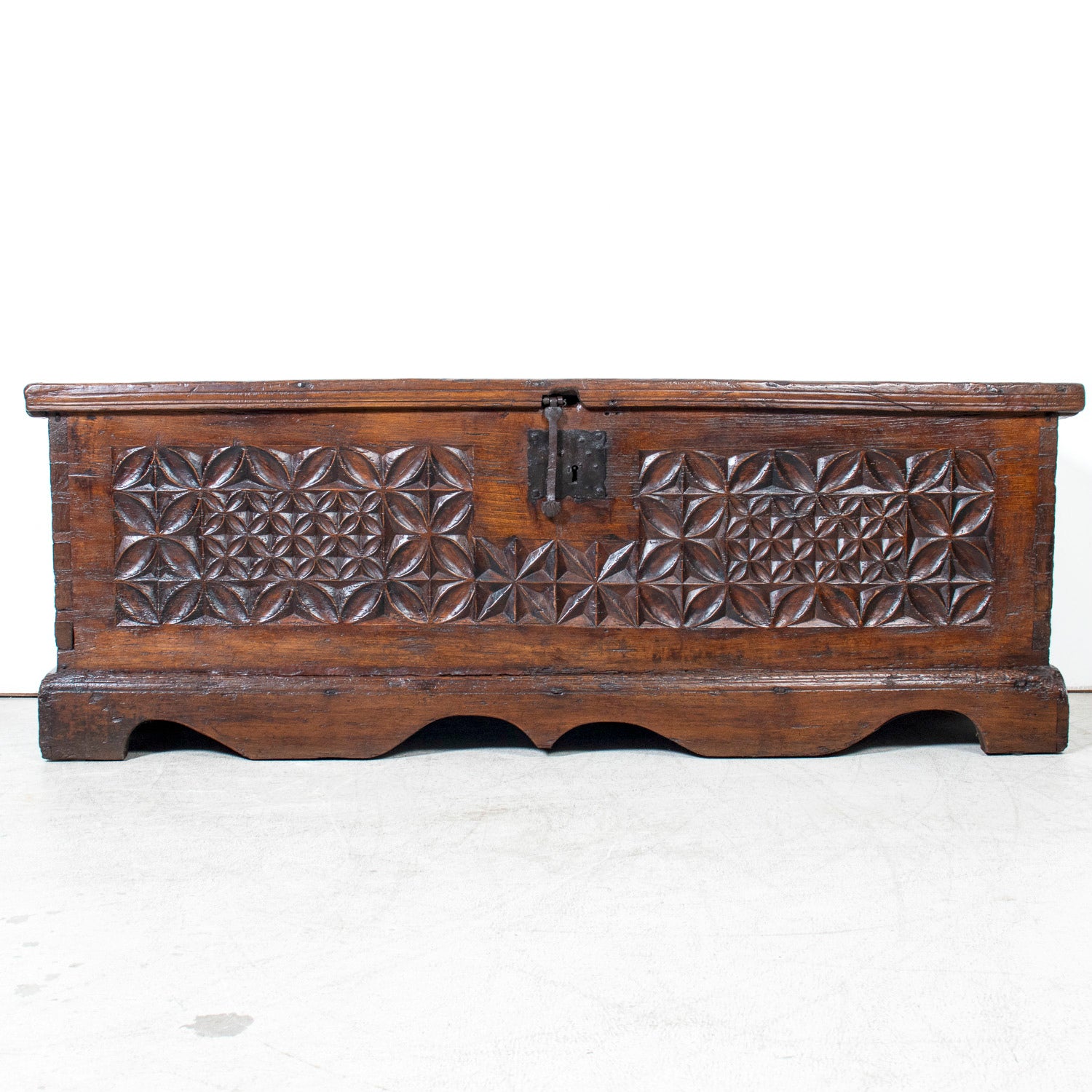 17th Century French Norman Renaissance Carved Walnut Coffer/Trunk with Original Ironwork