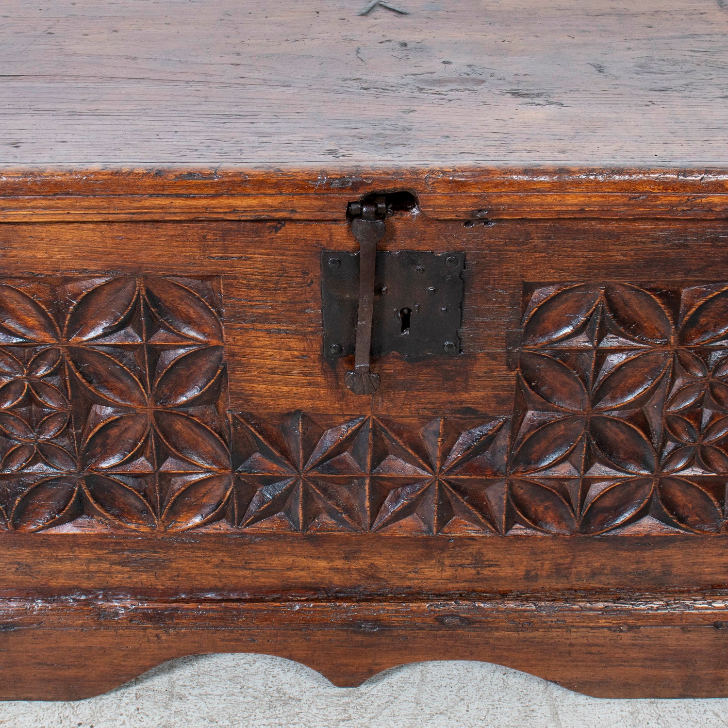 17th Century French Norman Renaissance Carved Walnut Coffer/Trunk with Original Ironwork