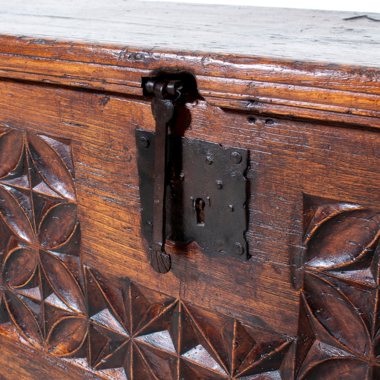 17th Century French Norman Renaissance Carved Walnut Coffer/Trunk with Original Ironwork