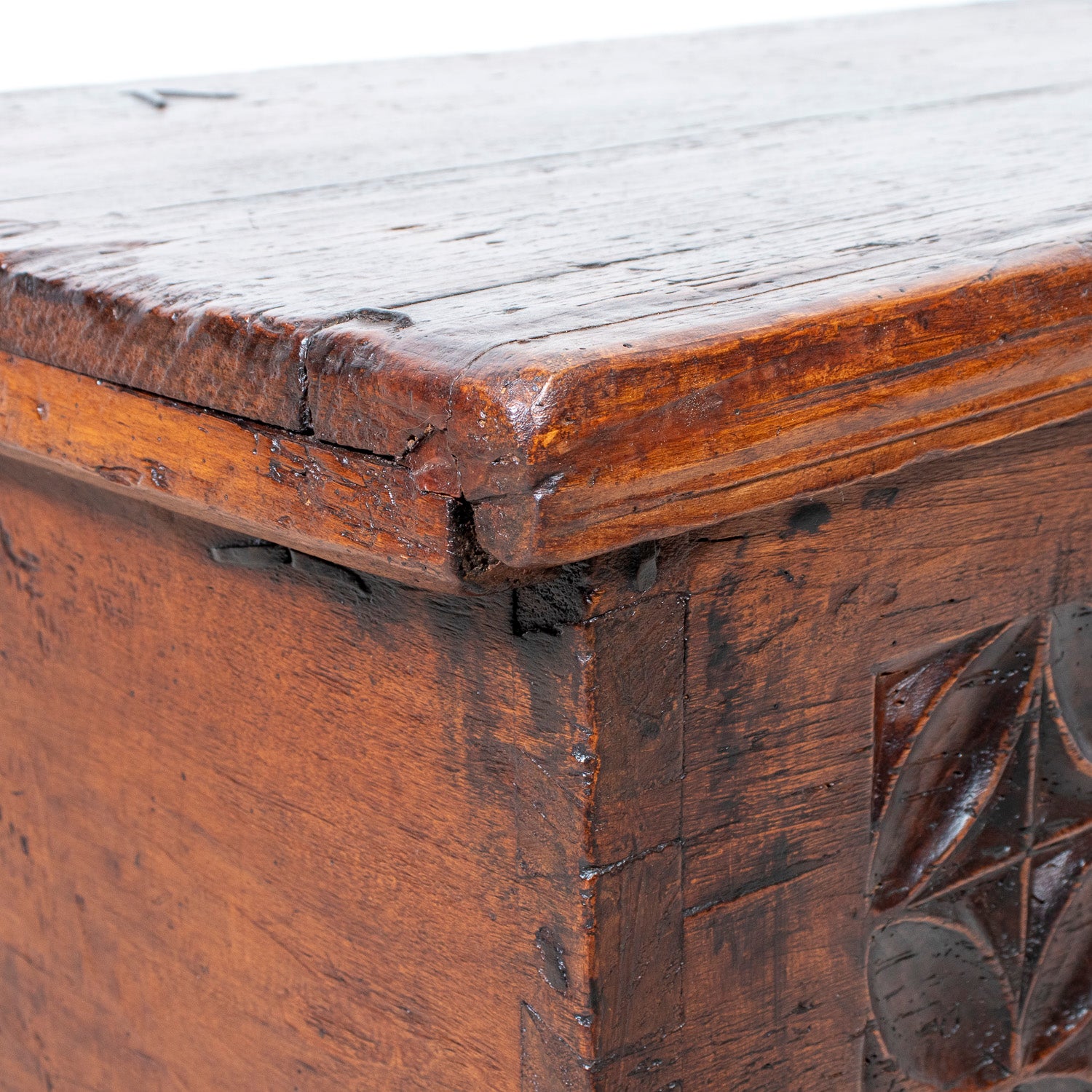 17th Century French Norman Renaissance Carved Walnut Coffer/Trunk with Original Ironwork