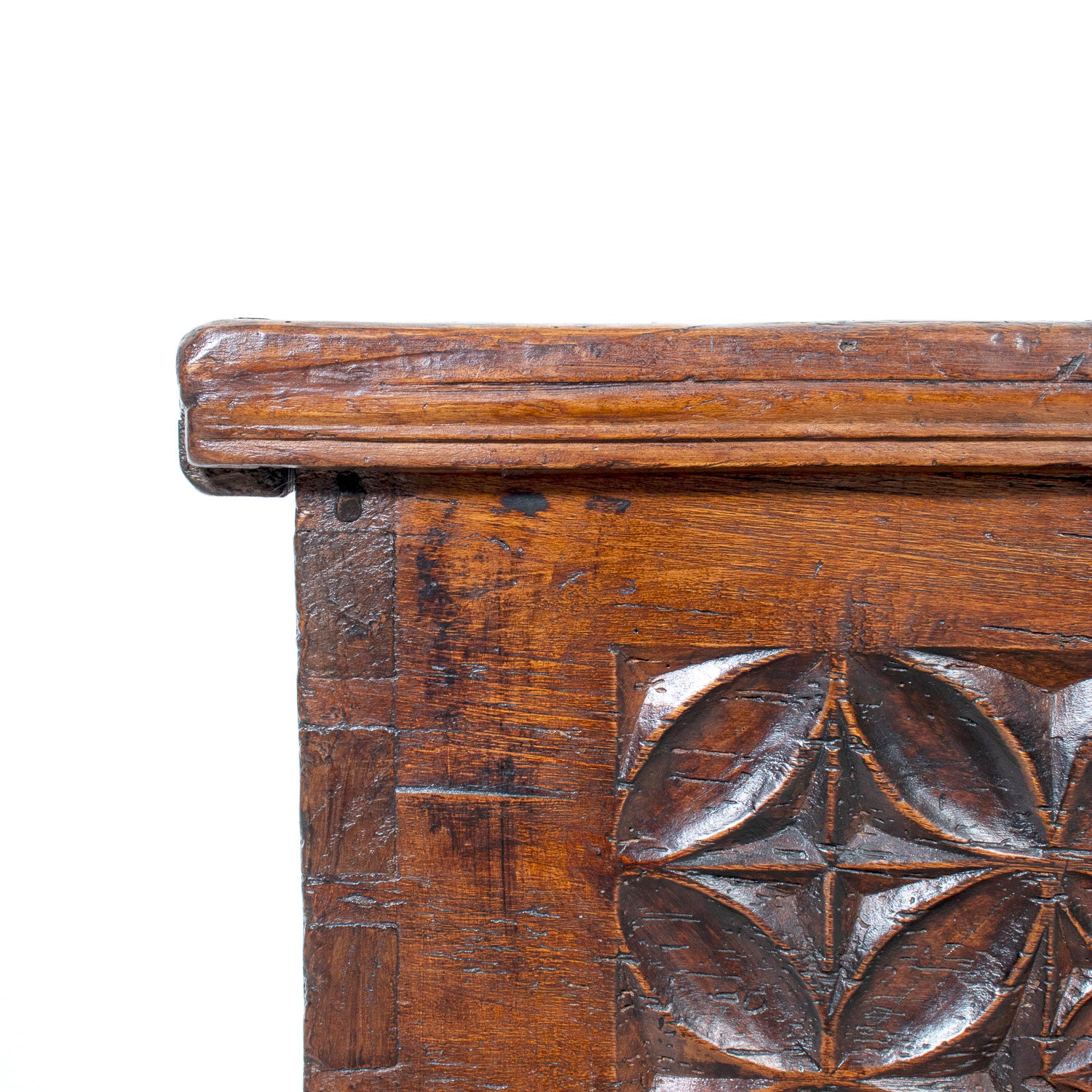17th Century French Norman Renaissance Carved Walnut Coffer/Trunk with Original Ironwork