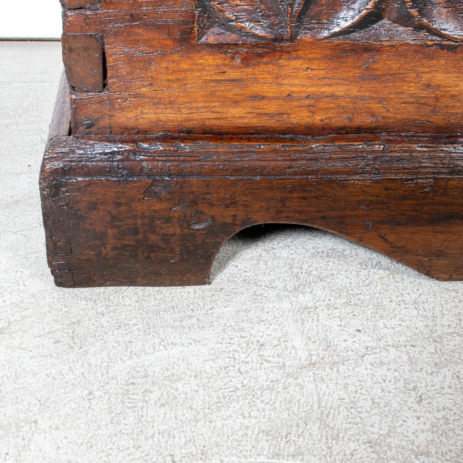 17th Century French Norman Renaissance Carved Walnut Coffer/Trunk with Original Ironwork