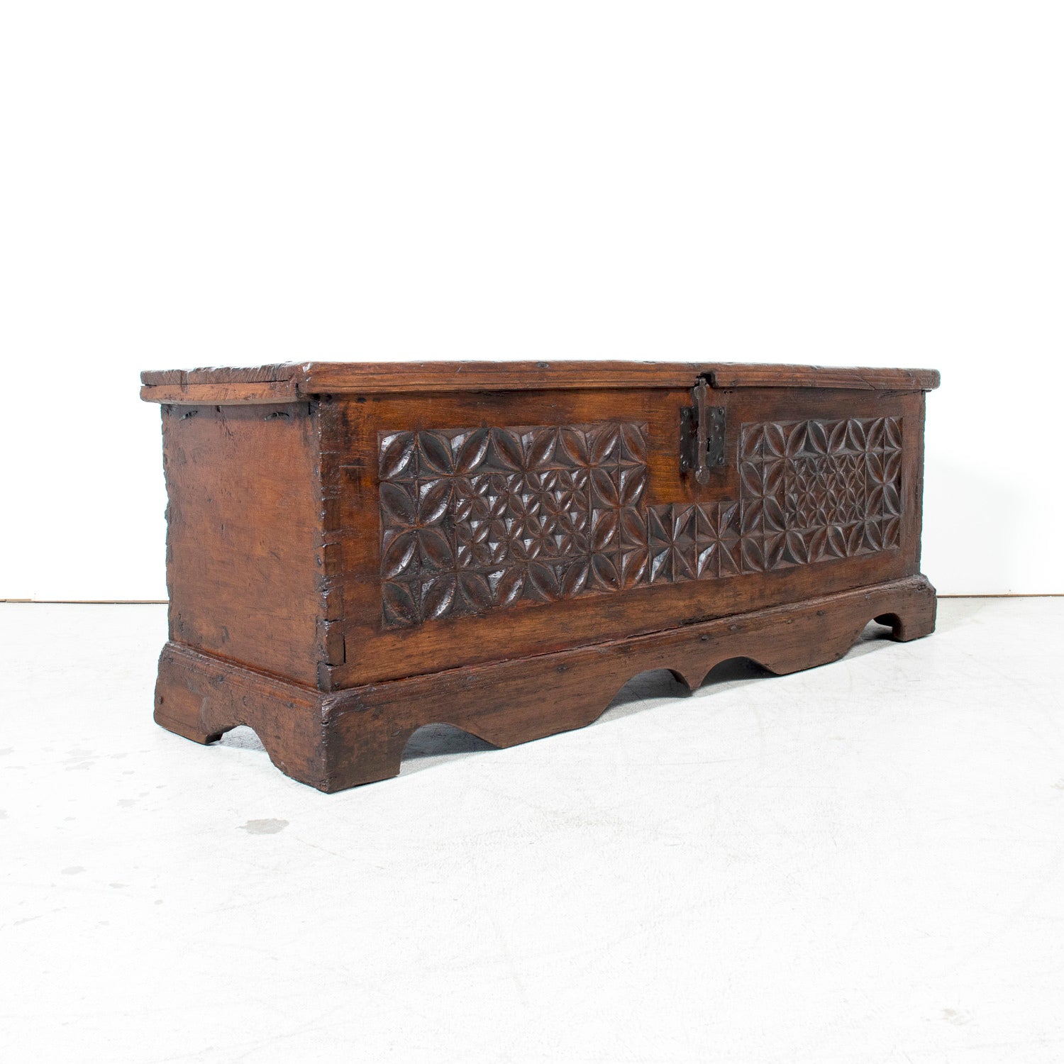 17th Century French Norman Renaissance Carved Walnut Coffer/Trunk with Original Ironwork
