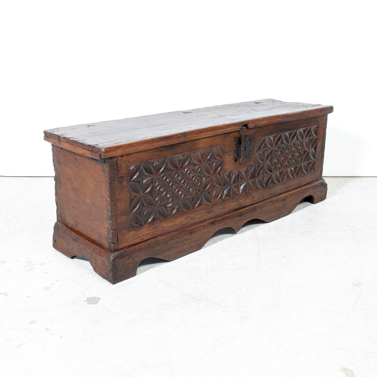 17th Century French Norman Renaissance Carved Walnut Coffer/Trunk with Original Ironwork