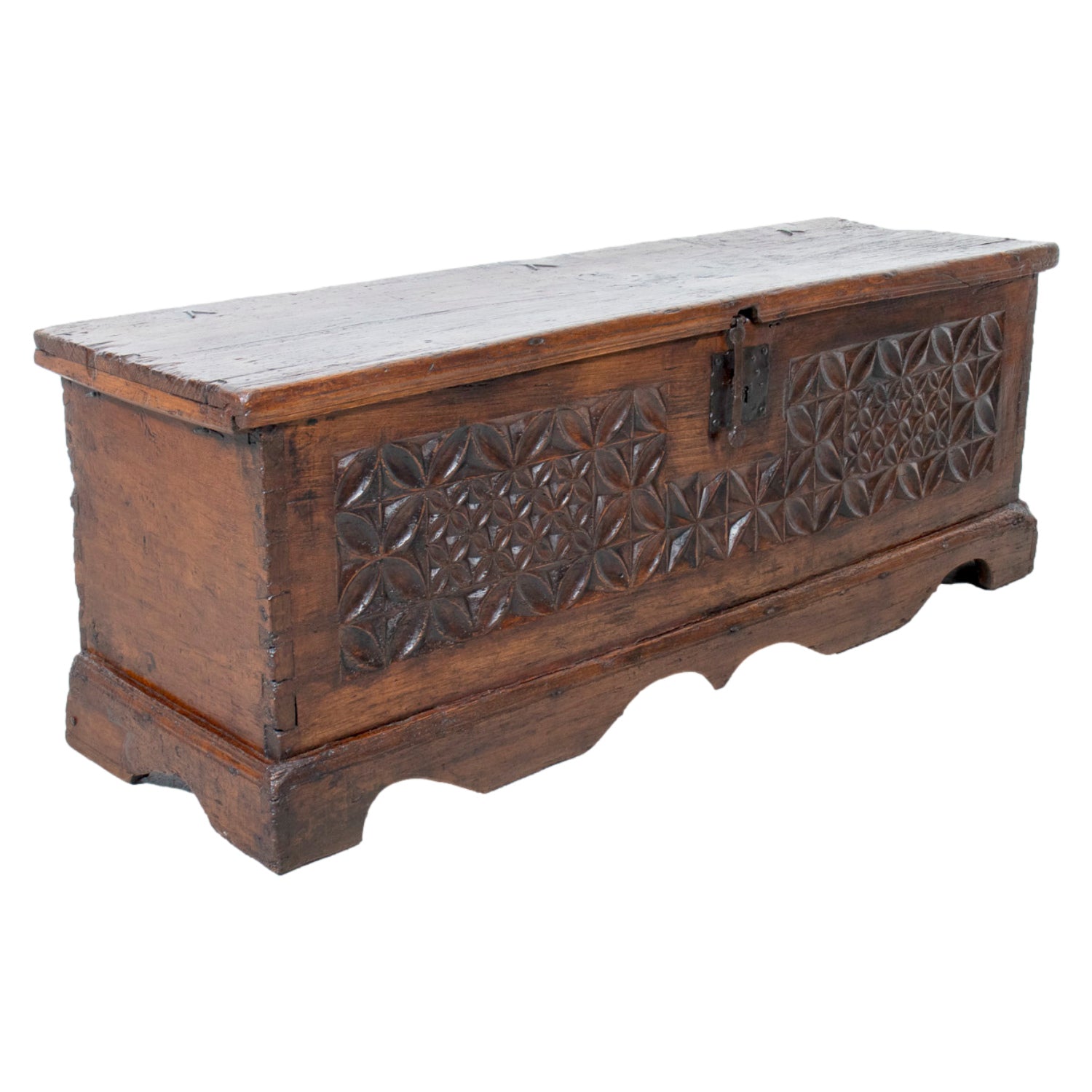 17th Century French Norman Renaissance Carved Walnut Coffer/Trunk with Original Ironwork