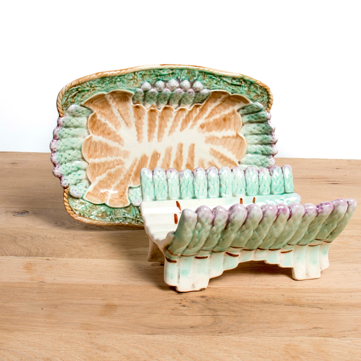 19th Century French Majolica Asparagus Cradle and Platter by Longchamp, Terre de Fer