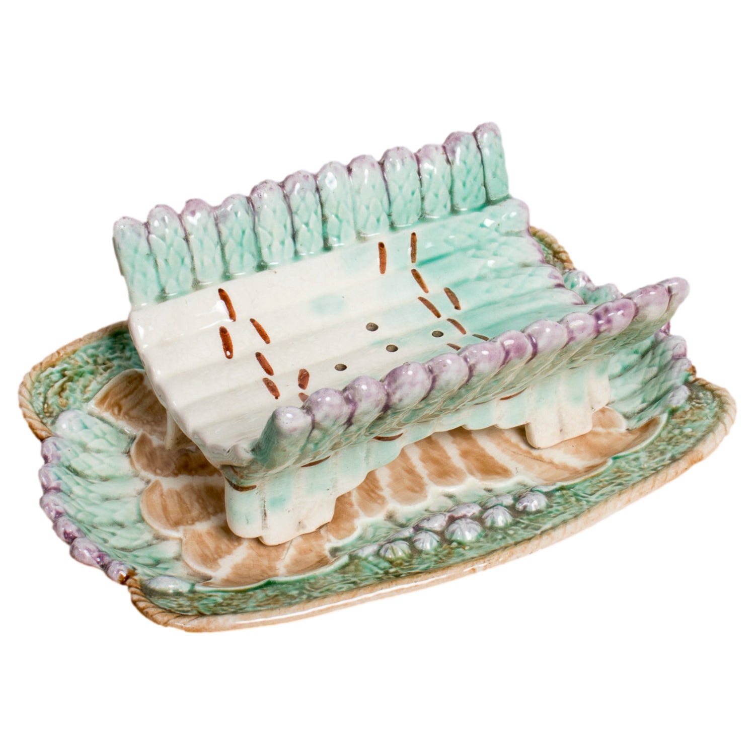 19th Century French Majolica Asparagus Cradle and Platter by Longchamp, Terre de Fer