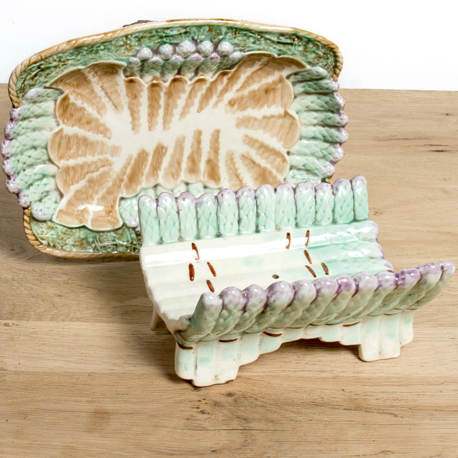 19th Century French Majolica Asparagus Cradle and Platter by Longchamp, Terre de Fer