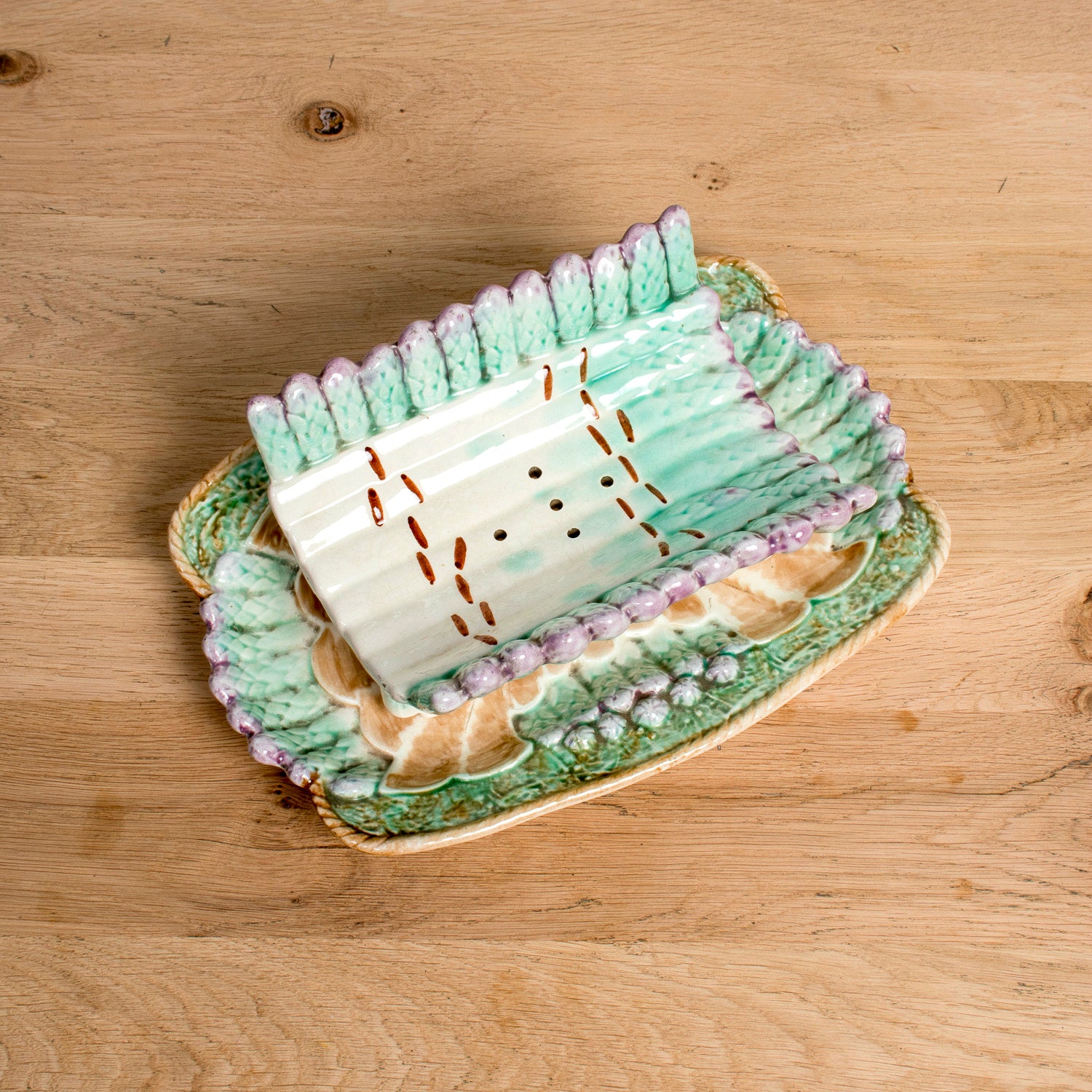 19th Century French Majolica Asparagus Cradle and Platter by Longchamp, Terre de Fer