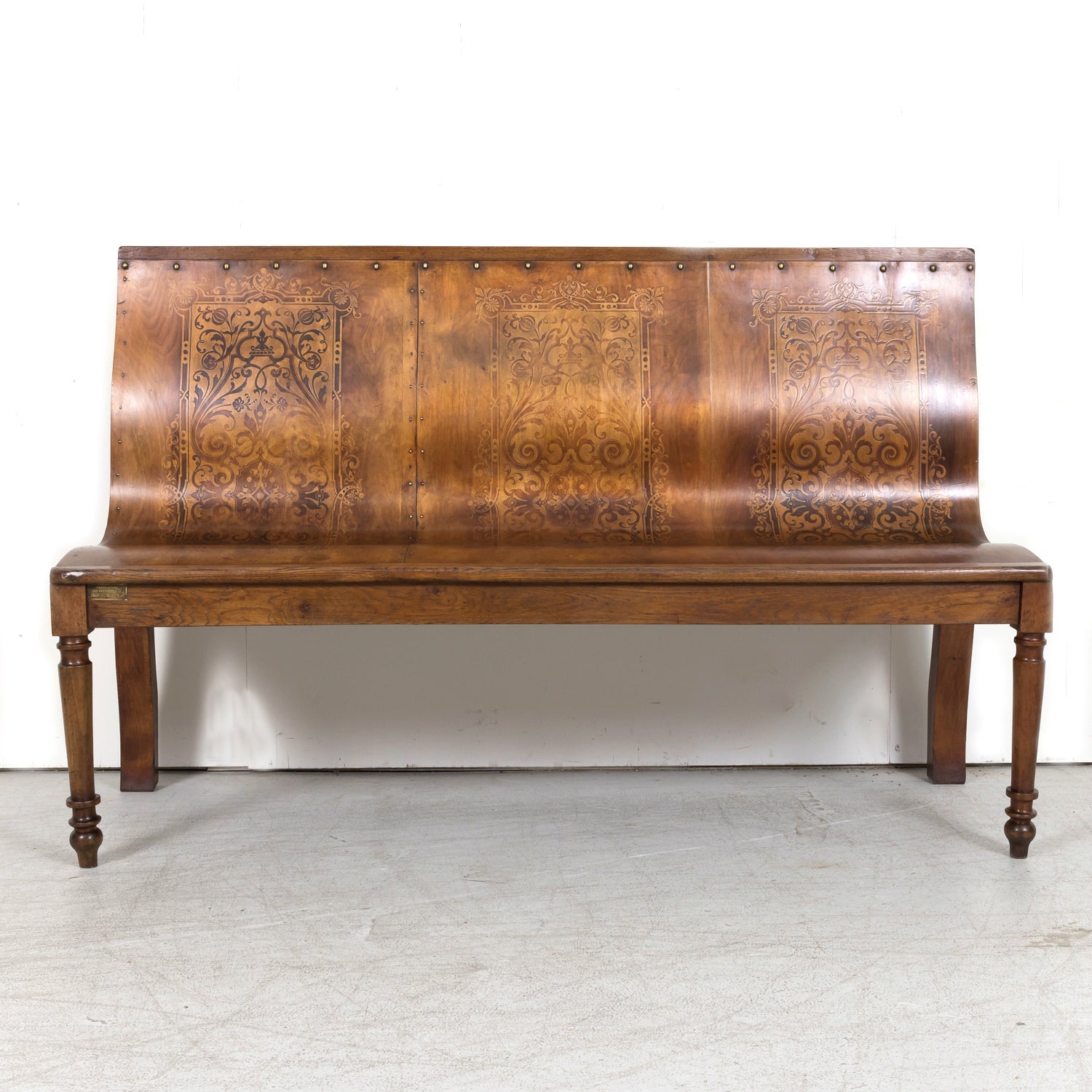 19th Century French Hand Made Bentwood Walnut Bench with Fruitwood Inlay