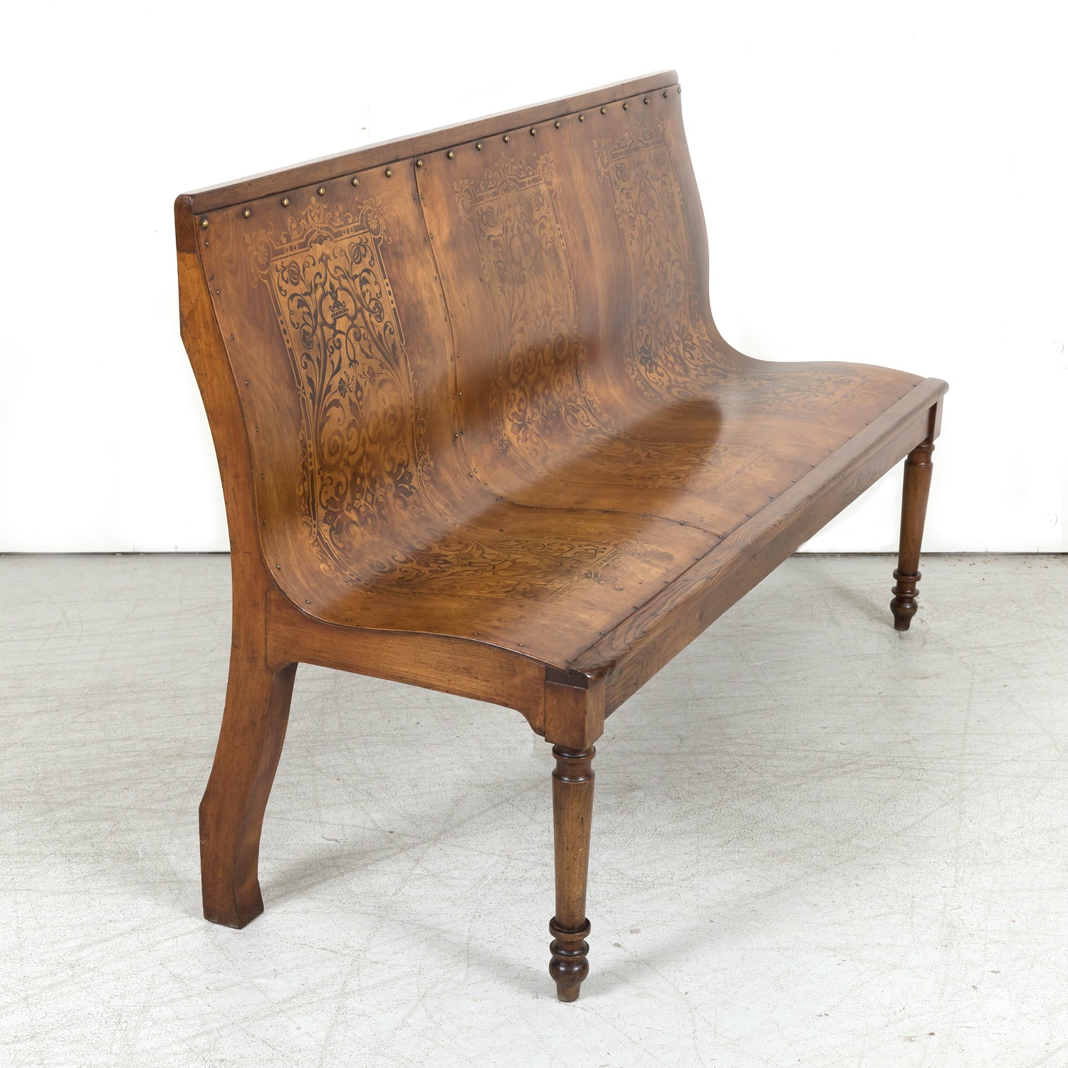 19th Century French Hand Made Bentwood Walnut Bench with Fruitwood Inlay