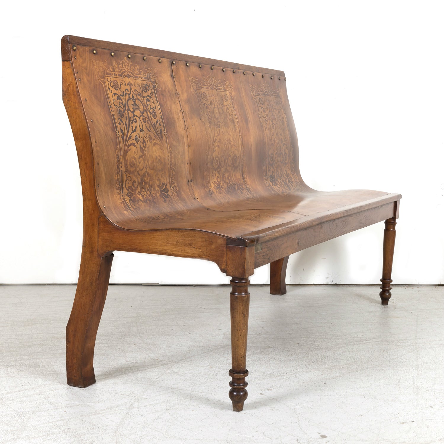 19th Century French Hand Made Bentwood Walnut Bench with Fruitwood Inlay
