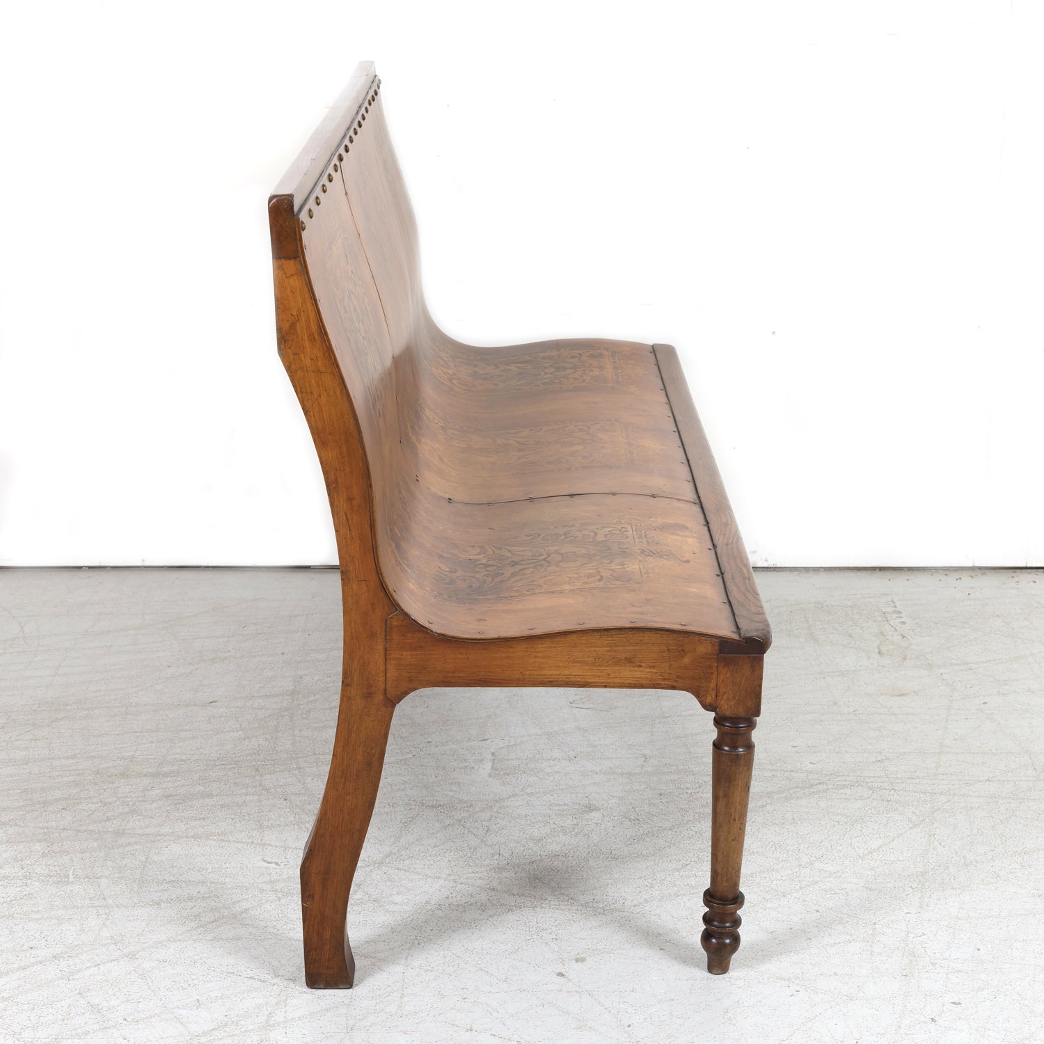 19th Century French Hand Made Bentwood Walnut Bench with Fruitwood Inlay