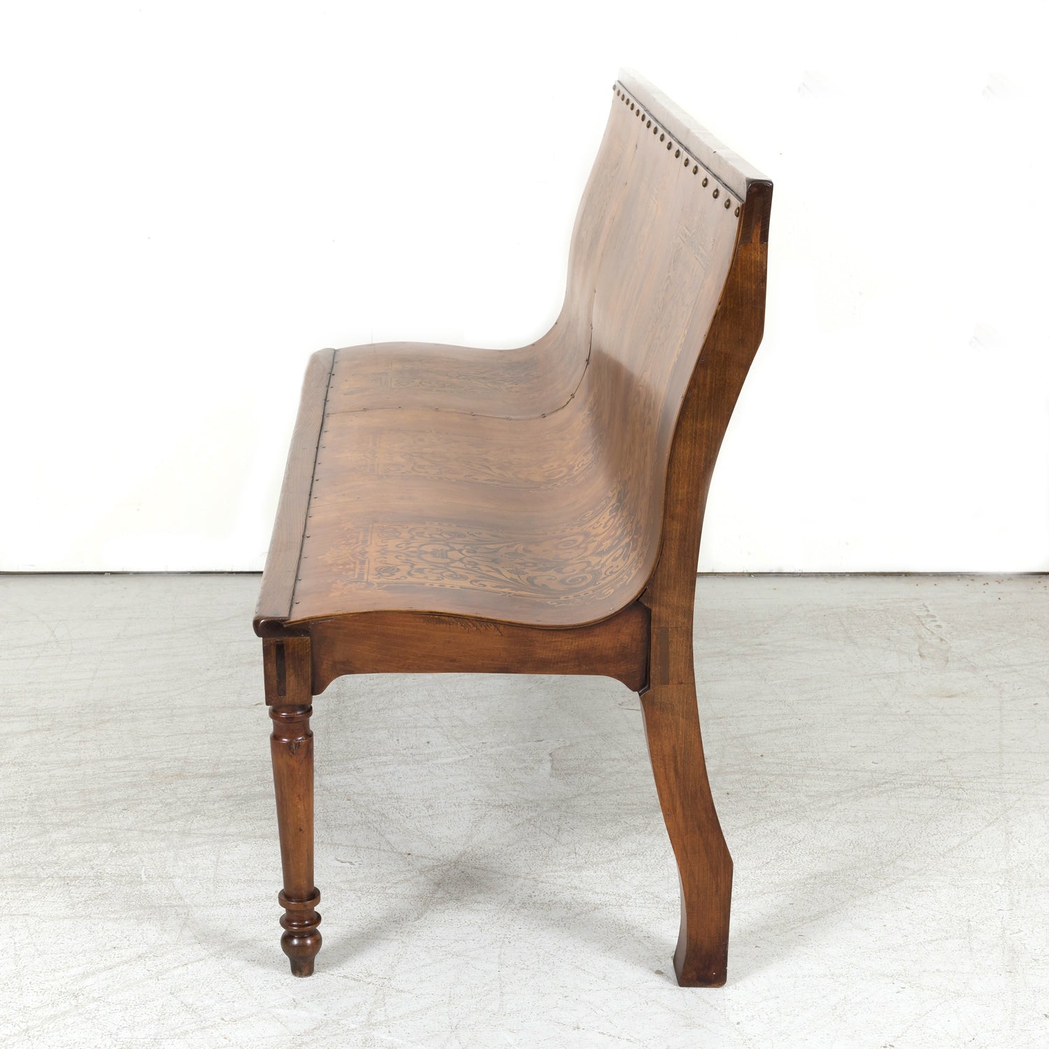 19th Century French Hand Made Bentwood Walnut Bench with Fruitwood Inlay