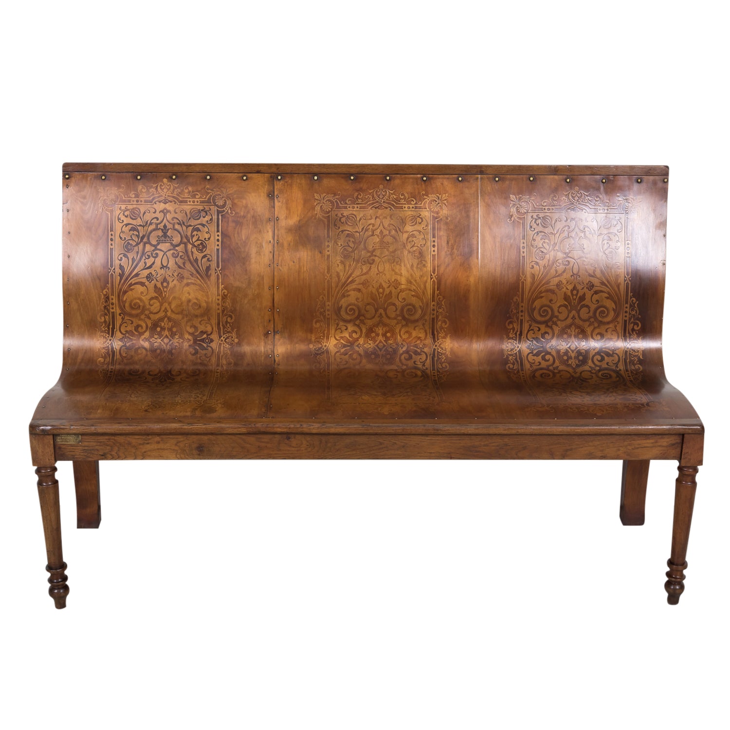 19th Century French Hand Made Bentwood Walnut Bench with Fruitwood Inlay