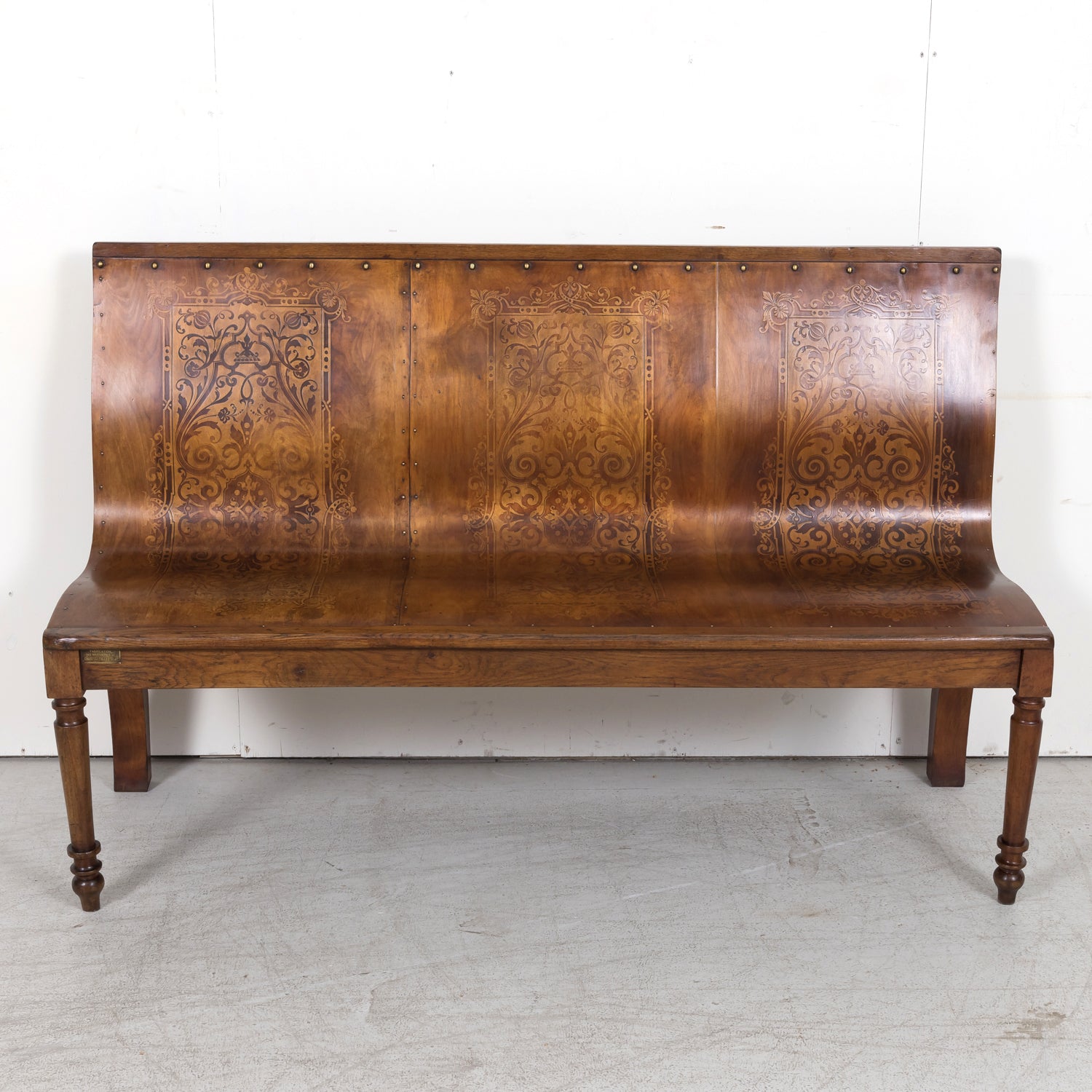 19th Century French Hand Made Bentwood Walnut Bench with Fruitwood Inlay