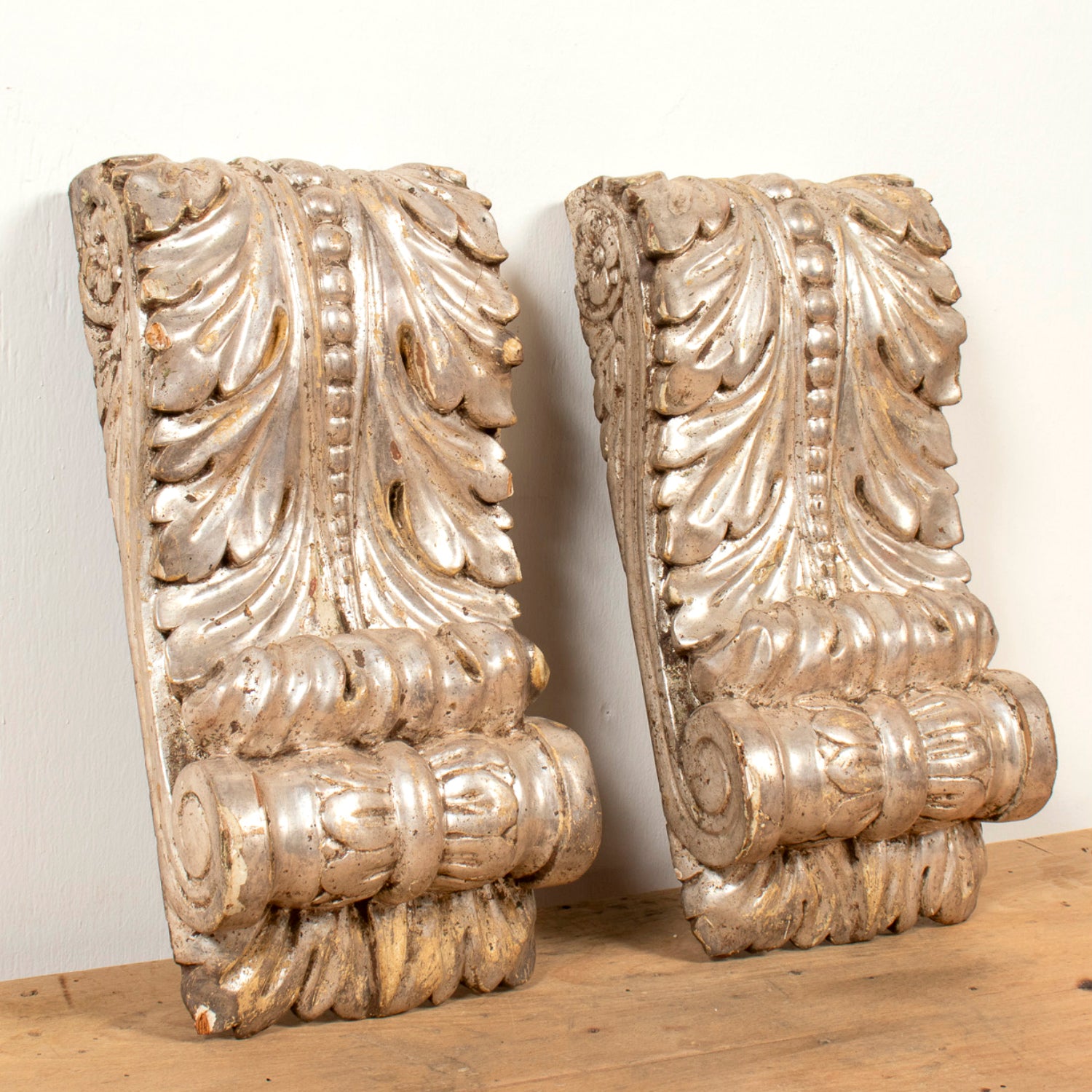 Pair of 18th Century Italian Régence Style Silver Leaf Corbels
