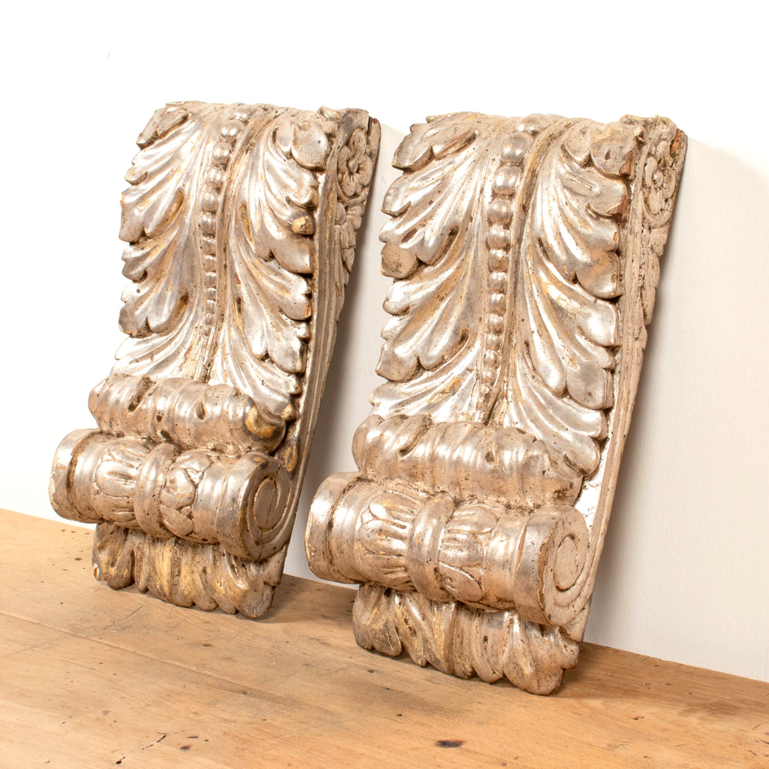 Pair of 18th Century Italian Régence Style Silver Leaf Corbels