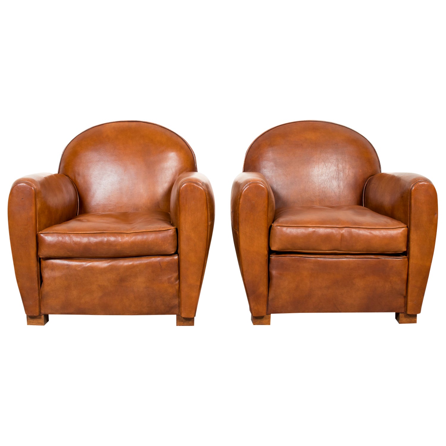 Pair of French Art Deco Period Cognac Leather Club Chairs