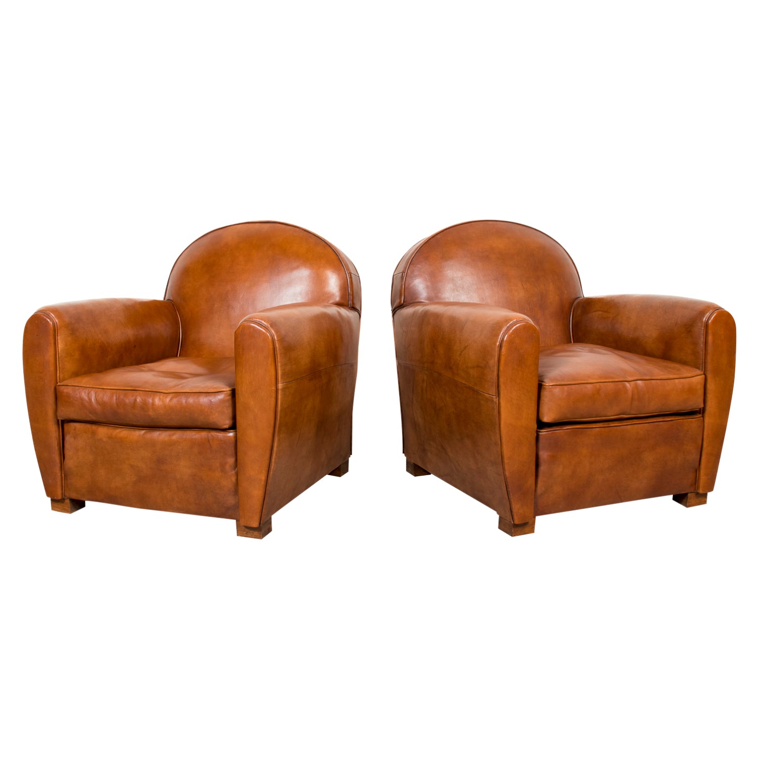 Pair of French Art Deco Period Cognac Leather Club Chairs