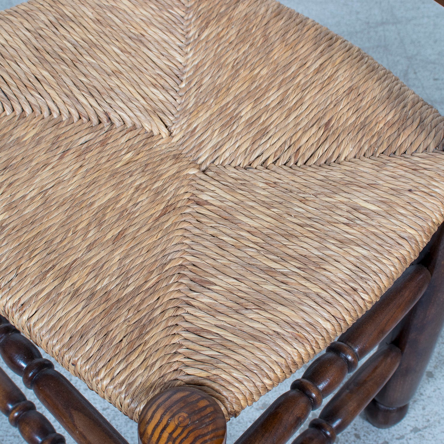Set of Six 19th Century French Ladderback Walnut Chairs with Rush Seats From Normandy