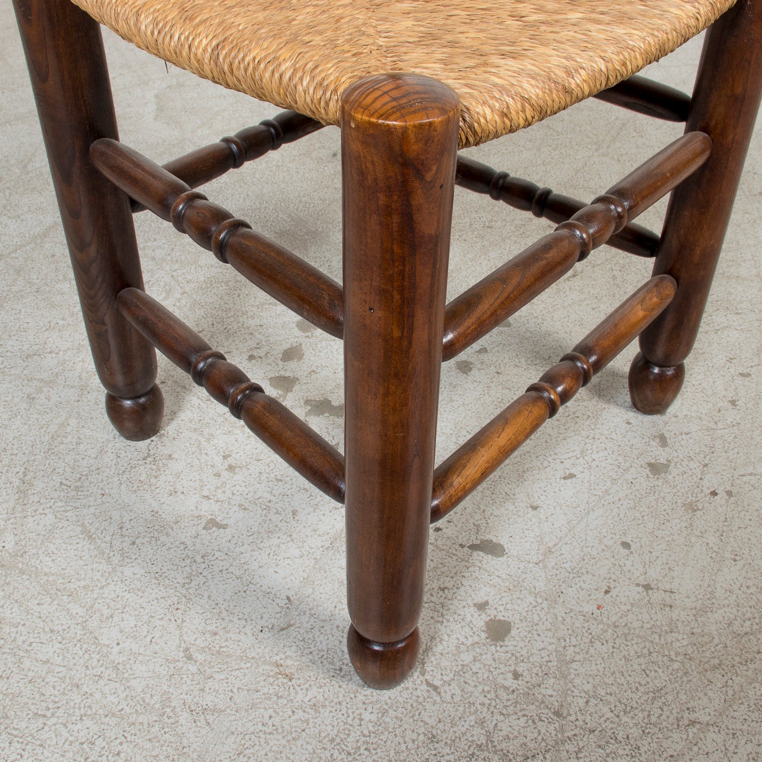 Set of Six 19th Century French Ladderback Walnut Chairs with Rush Seats From Normandy