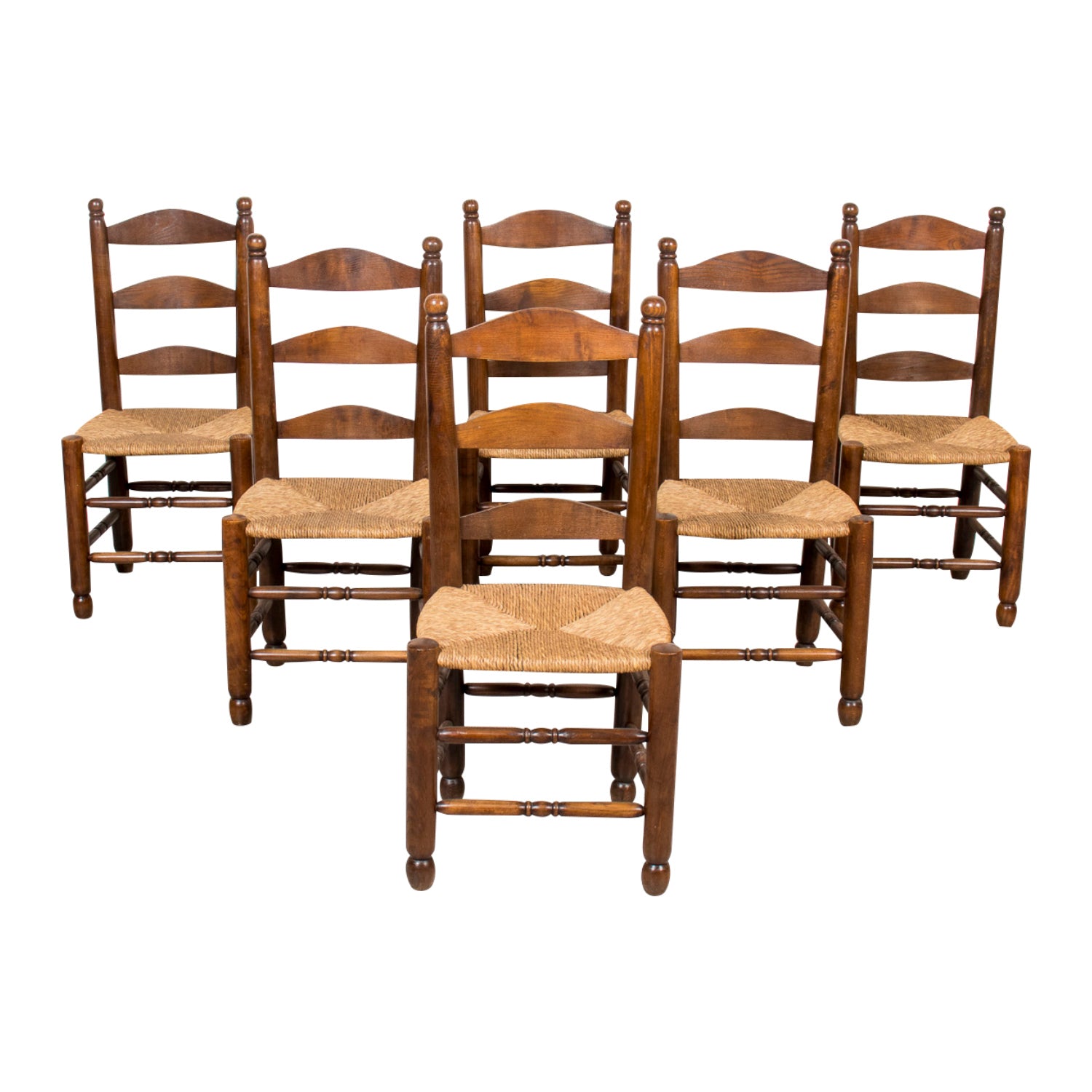 Set of Six 19th Century French Ladderback Walnut Chairs with Rush Seats From Normandy