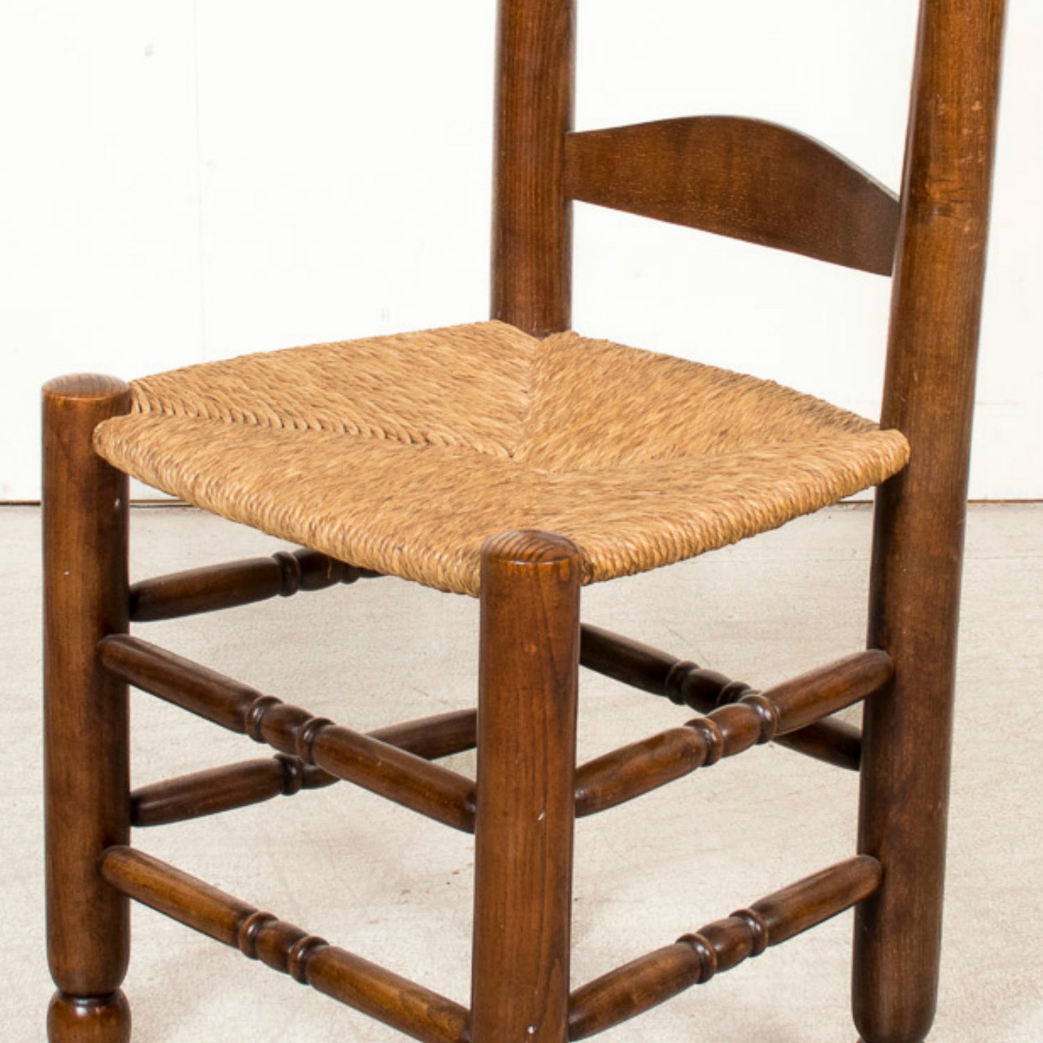 Set of Six 19th Century French Ladderback Walnut Chairs with Rush Seats From Normandy