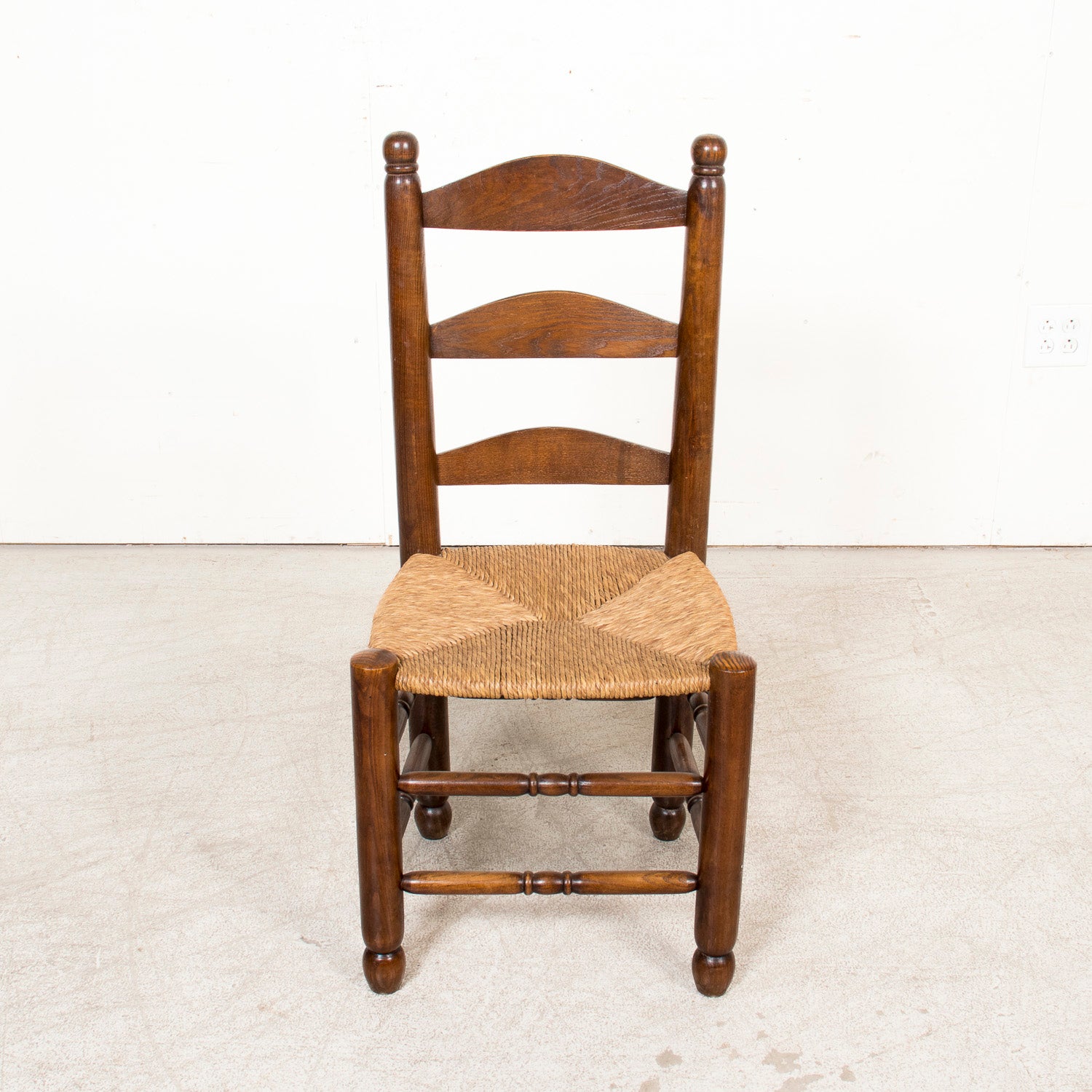 Set of Six 19th Century French Ladderback Walnut Chairs with Rush Seats From Normandy