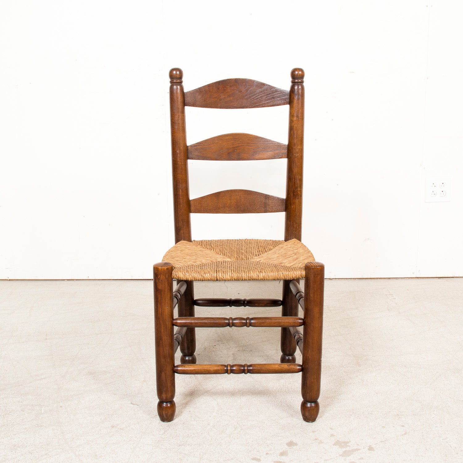 Set of Six 19th Century French Ladderback Walnut Chairs with Rush Seats From Normandy