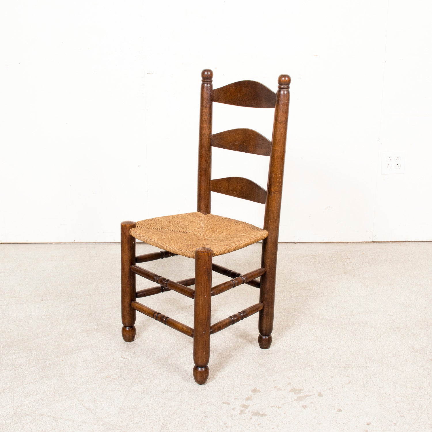 Set of Six 19th Century French Ladderback Walnut Chairs with Rush Seats From Normandy