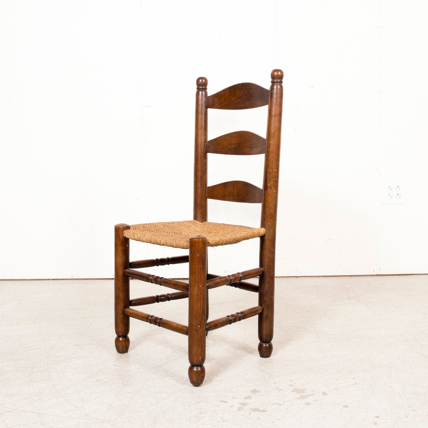Set of Six 19th Century French Ladderback Walnut Chairs with Rush Seats From Normandy