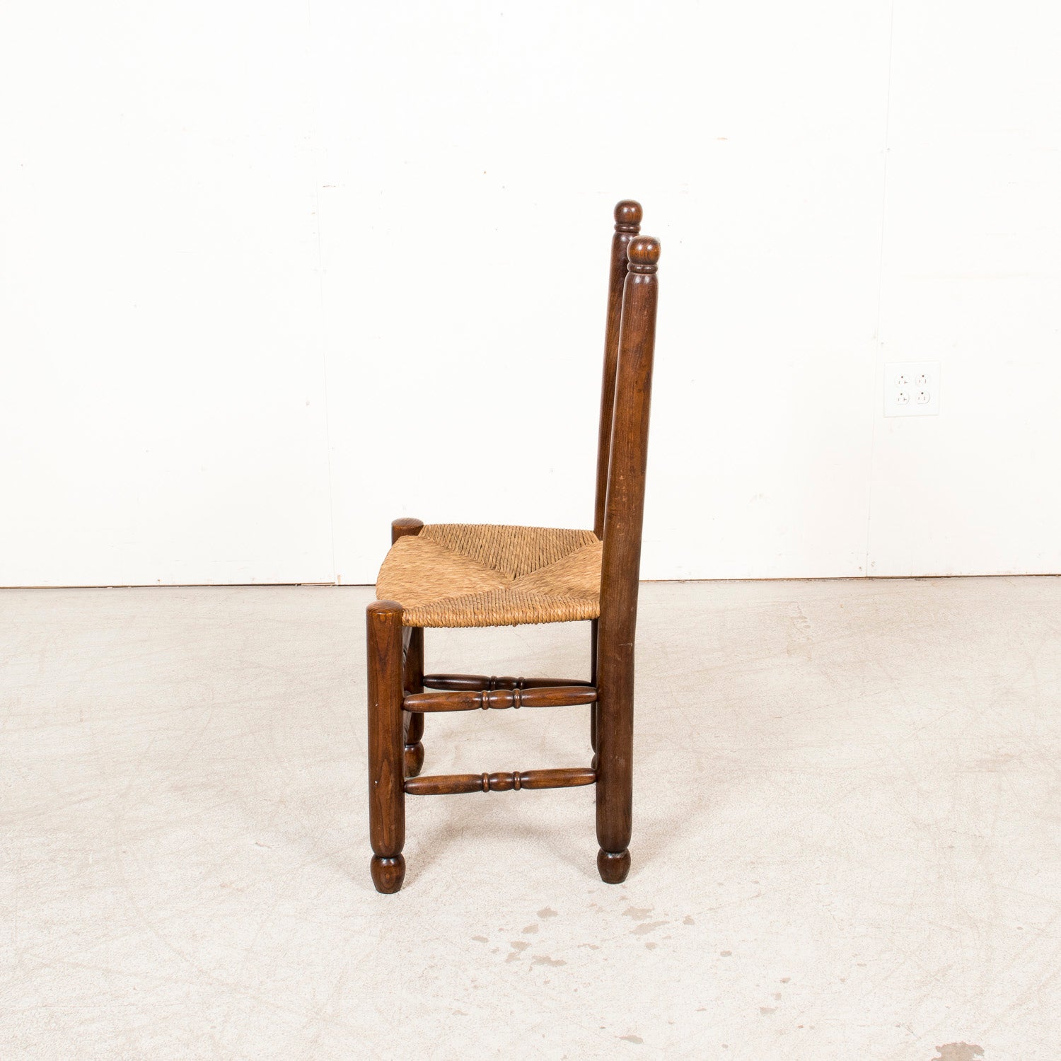 Set of Six 19th Century French Ladderback Walnut Chairs with Rush Seats From Normandy