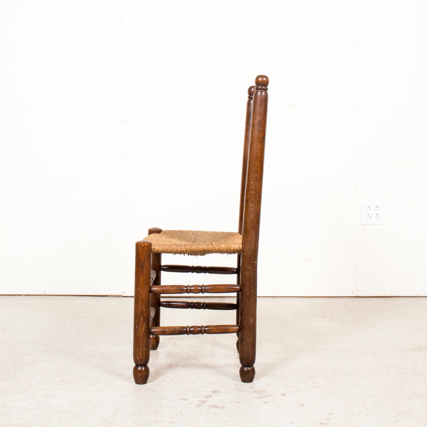 Set of Six 19th Century French Ladderback Walnut Chairs with Rush Seats From Normandy