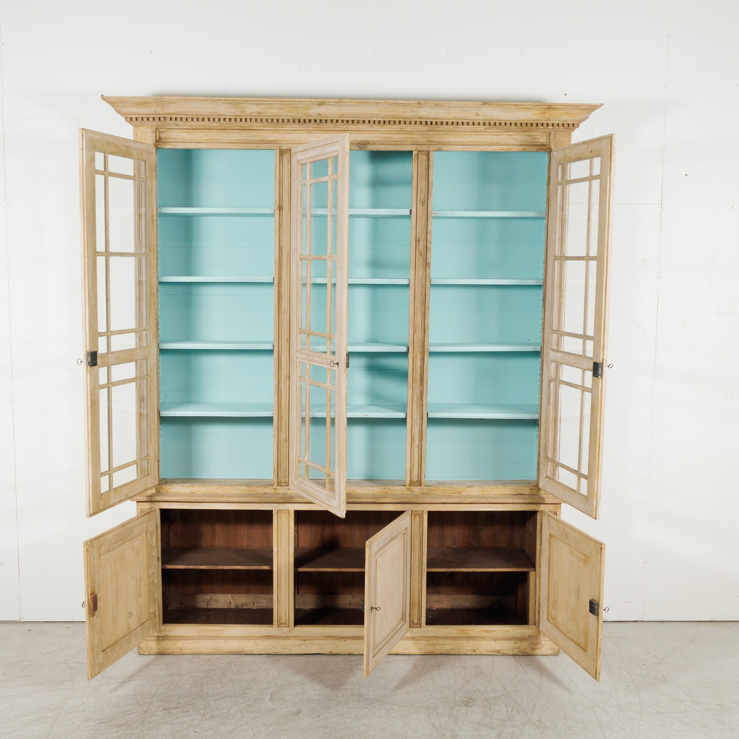 Grand 19th Century French Bleached Pine Bookcase with Painted Interior