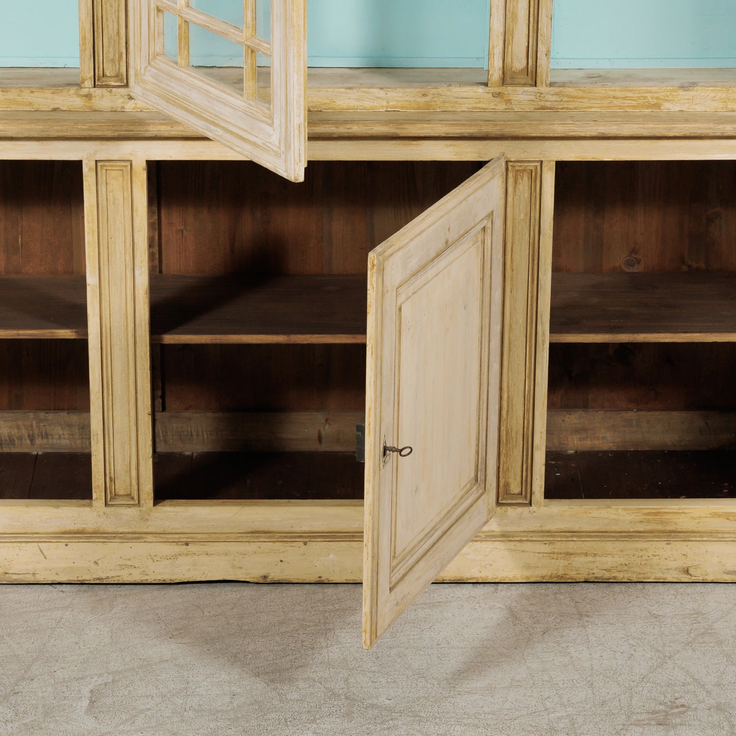 Grand 19th Century French Bleached Pine Bookcase with Painted Interior