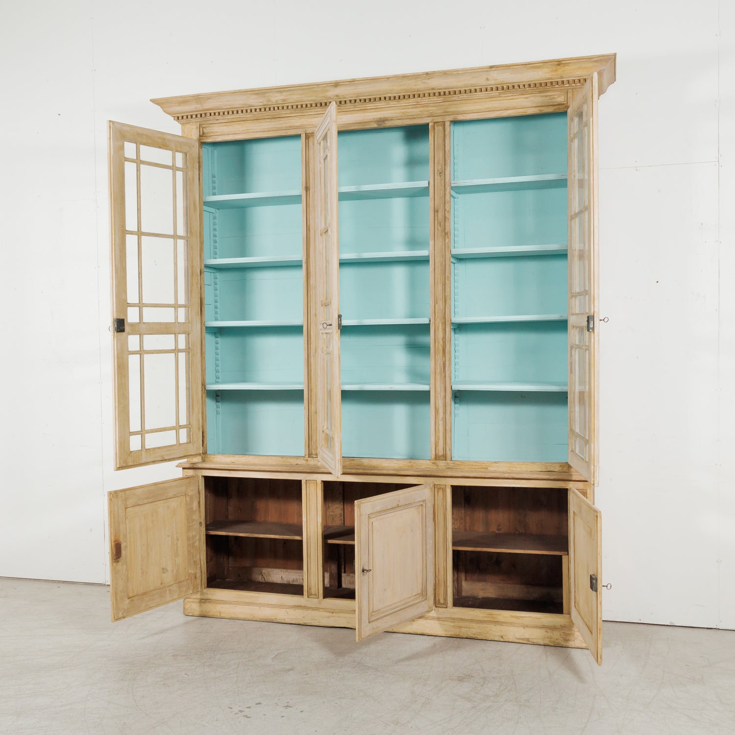 Grand 19th Century French Bleached Pine Bookcase with Painted Interior